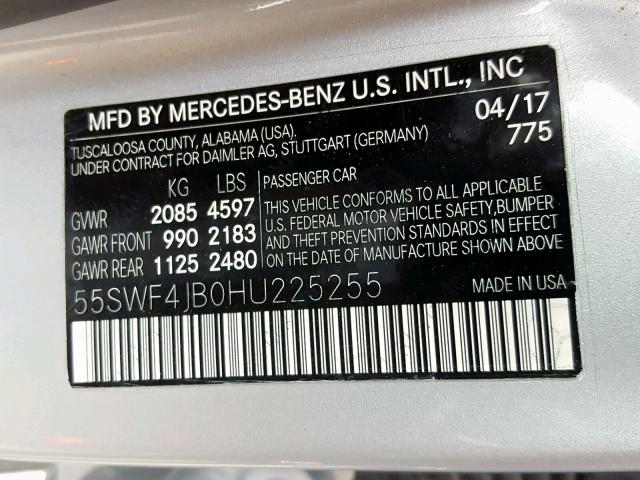 55SWF4JB0HU225255 - 2017 MERCEDES-BENZ C 300 SILVER photo 10