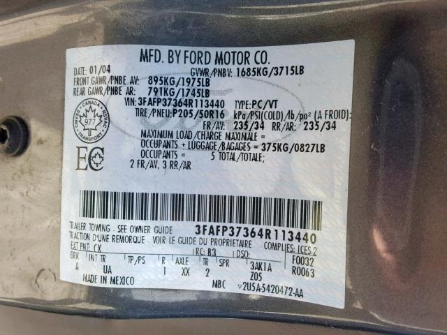 3FAFP37364R113440 - 2004 FORD FOCUS ZX5 GRAY photo 10