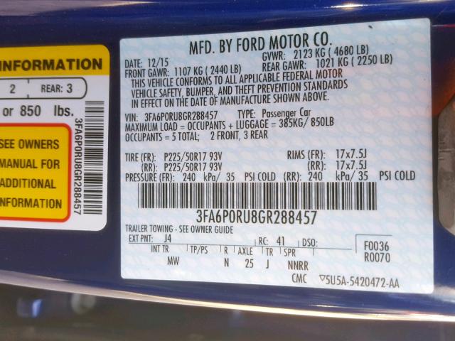 3FA6P0RU8GR288457 - 2016 FORD FUSION TIT BLUE photo 10