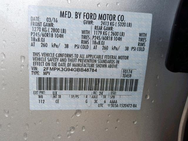 2FMPK3G94GBB48784 - 2016 FORD EDGE SE SILVER photo 10