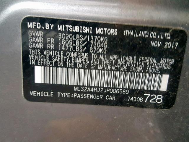 ML32A4HJ2JH006589 - 2018 MITSUBISHI MIRAGE SE CHARCOAL photo 10