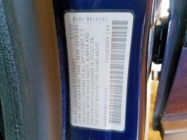 WVWEH63B21E034251 - 2001 VOLKSWAGEN PASSAT GLX 蓝色 照片 10