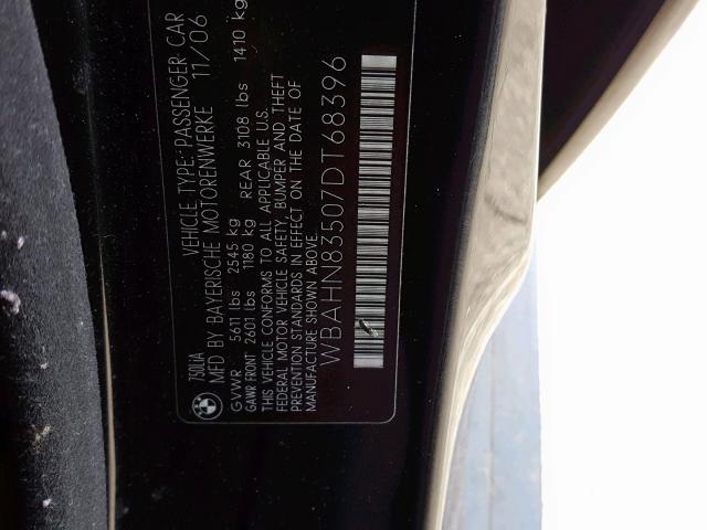 WBAHN83507DT68396 - 2007 BMW 750 BLACK photo 10