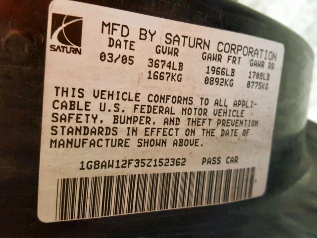 1G8AW12F35Z152362 - 2005 SATURN ION LEVEL BLUE photo 10