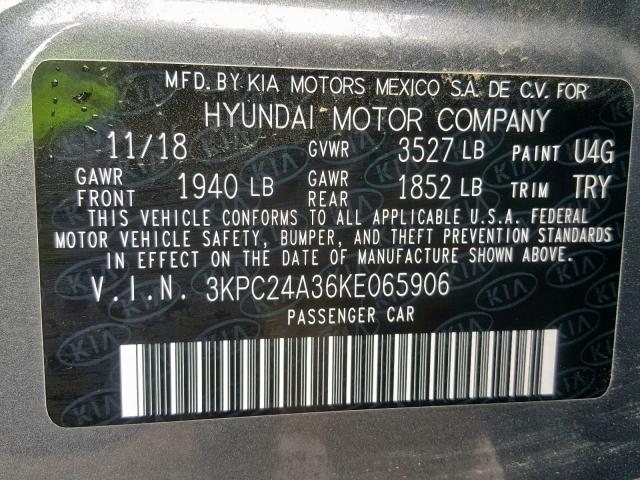 3KPC24A36KE065906 - 2019 HYUNDAI ACCENT SE GRAY photo 10