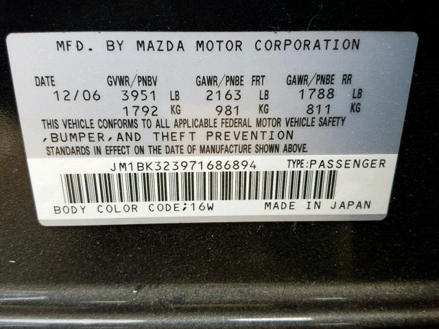 JM1BK323971686894 - 2007 MAZDA 3 S BLACK photo 10