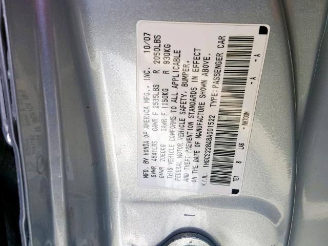 1HGCS22848A001522 - 2008 HONDA ACCORD EXL SILVER photo 10