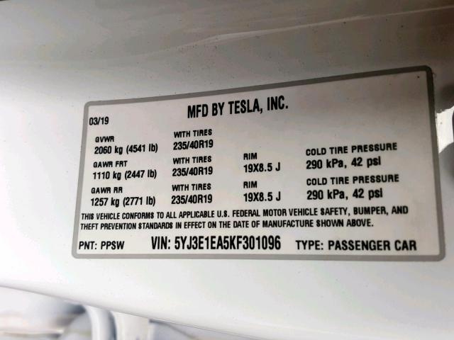 5YJ3E1EA5KF301096 - 2019 TESLA MODEL 3 WHITE photo 10