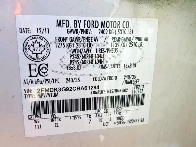 2FMDK3G92CBA61284 - 2012 FORD EDGE SE WHITE photo 10