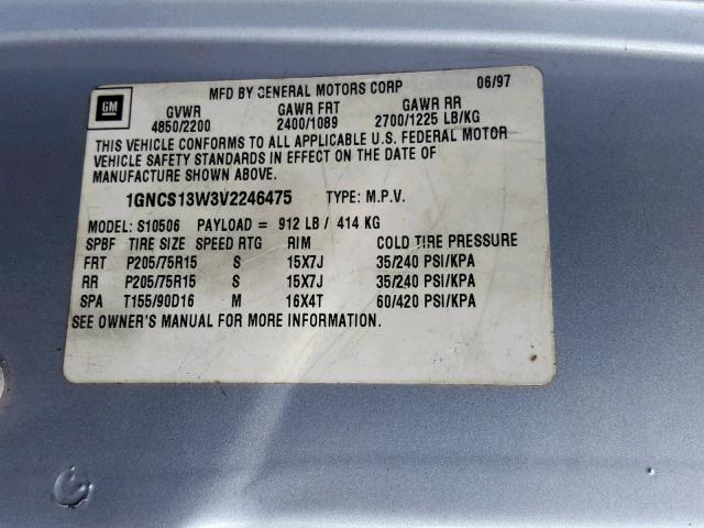 1GNCS13W3V2246475 - 1997 CHEVROLET BLAZER SILVER photo 10