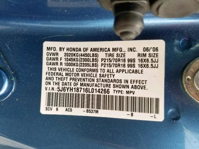 5J6YH18716L014266 - 2006 HONDA ELEMENT EX BLUE photo 10