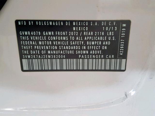 3VW2K7AJ2EM382004 - 2014 VOLKSWAGEN JETTA BASE 白色 照片 10