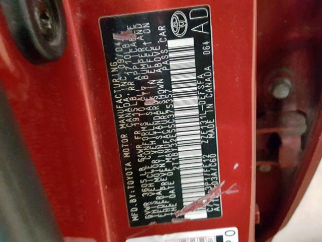 2T1BY32E55C375357 - 2005 TOYOTA COROLLA XR RED photo 10