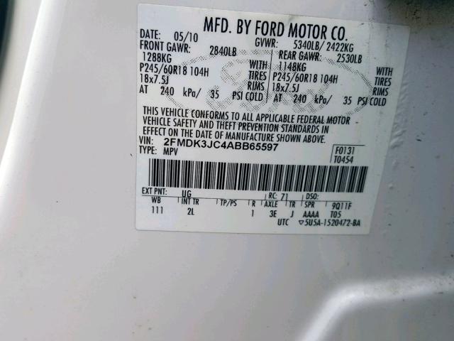 2FMDK3JC4ABB65597 - 2010 FORD EDGE SEL WHITE photo 10