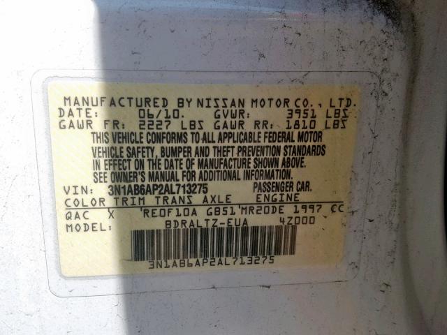 3N1AB6AP2AL713275 - 2010 NISSAN SENTRA 2.0 WHITE photo 10