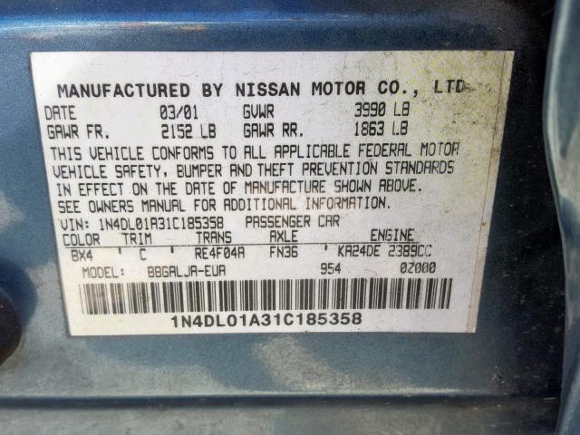 1N4DL01A31C185358 - 2001 NISSAN ALTIMA GXE BLUE photo 10