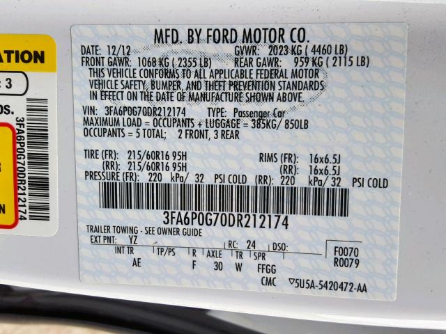 3FA6P0G70DR212174 - 2013 FORD FUSION S WHITE photo 10