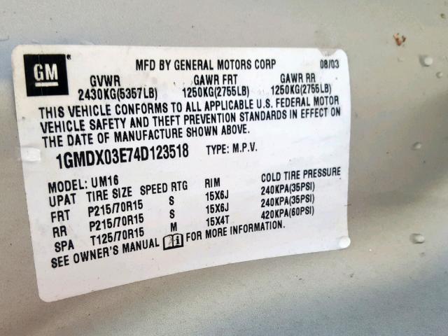 1GMDX03E74D123518 - 2004 PONTIAC MONTANA SILVER photo 10