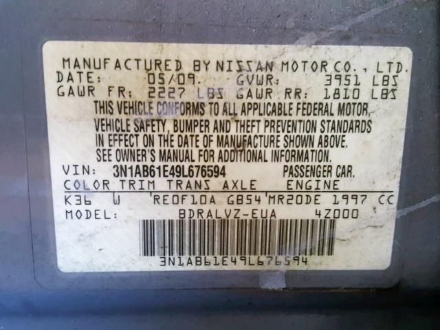 3N1AB61E49L676594 - 2009 NISSAN SENTRA 2.0 GRAY photo 10