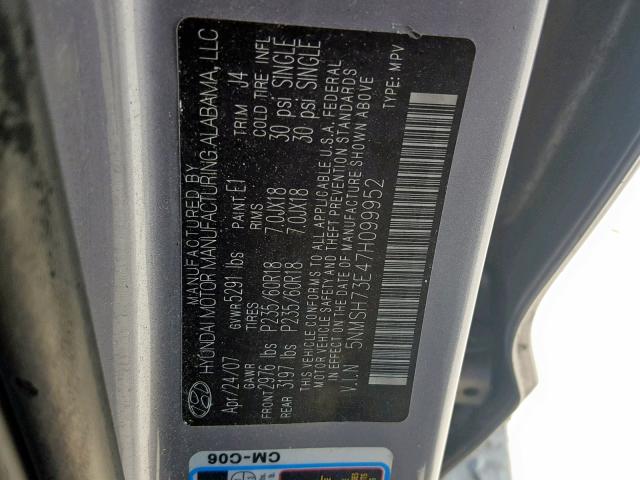 5NMSH73E47H099952 - 2007 HYUNDAI SANTA FE S BLUE photo 10