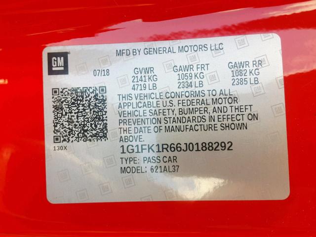 1G1FK1R66J0188292 - 2018 CHEVROLET CAMARO ZL1 RED photo 10