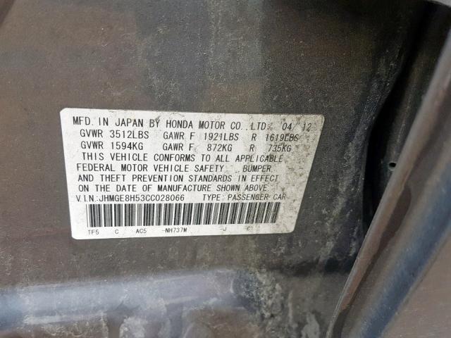 JHMGE8H53CC028066 - 2012 HONDA FIT SPORT GRAY photo 10