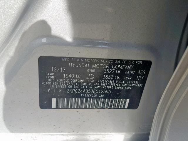 3KPC24A35JE012595 - 2018 HYUNDAI ACCENT SE SILVER photo 10