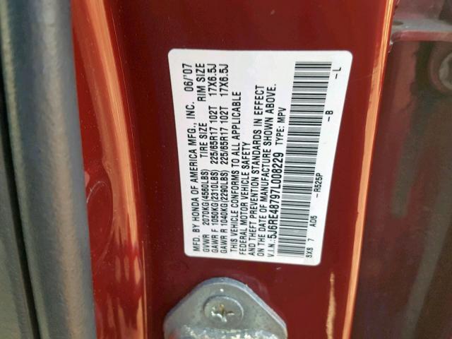 5J6RE48797L008229 - 2007 HONDA CR-V EXL RED photo 10