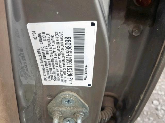 2HGES16504H598098 - 2004 HONDA UK GRAY photo 10