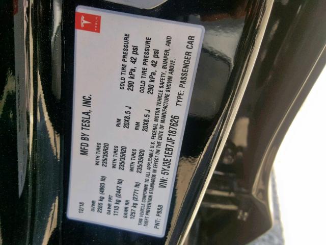 5YJ3E1EB7JF187626 - 2018 TESLA MODEL 3 BLACK photo 10