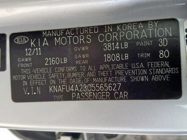 KNAFU4A23C5565627 - 2012 KIA FORTE EX SILVER photo 10