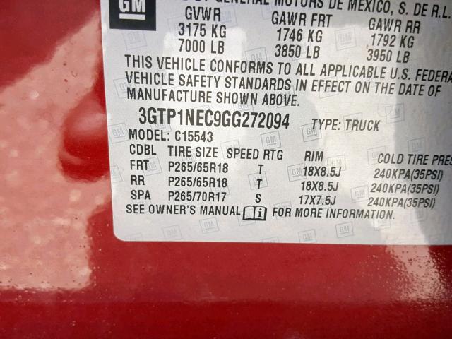 3GTP1NEC9GG272094 - 2016 GMC SIERRA C15 BURGUNDY photo 10