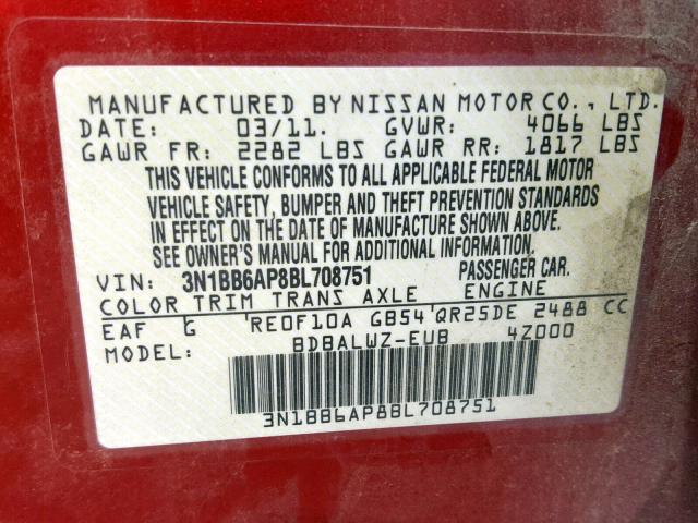 3N1BB6AP8BL708751 - 2011 NISSAN SENTRA SE- RED photo 10