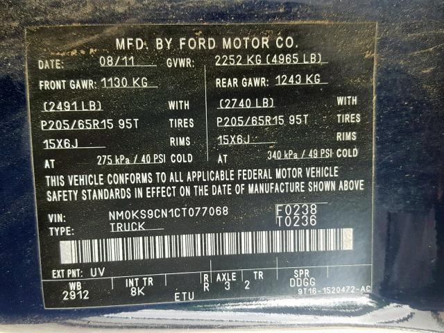 NM0KS9CN1CT077068 - 2012 FORD TRANSIT CO BLUE photo 10