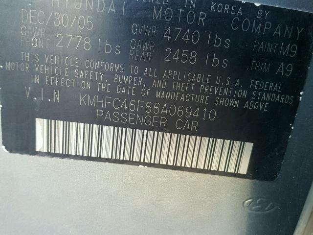 KMHFC46F66A069410 - 2006 HYUNDAI AZERA SE GREEN photo 10