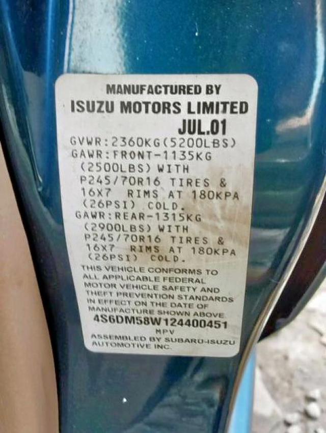 4S6DM58W124400451 - 2002 HONDA PASSPORT E BLUE photo 10