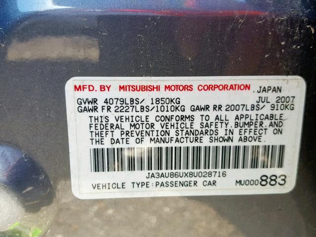 JA3AU86UX8U028716 - 2008 MITSUBISHI LANCER GTS GRAY photo 10