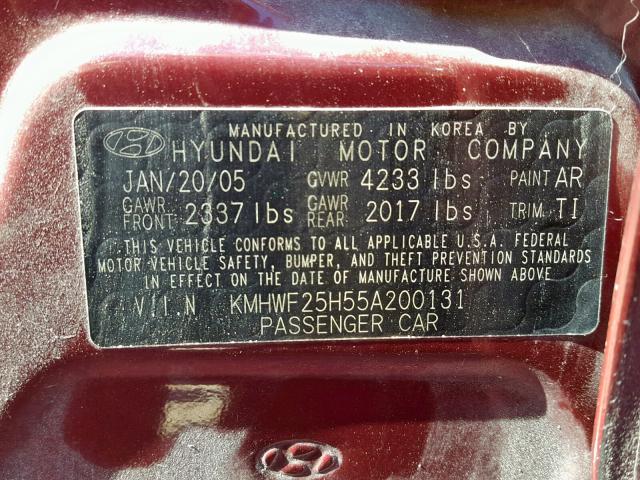 KMHWF25H55A200131 - 2005 HYUNDAI SONATA GL BURGUNDY photo 10