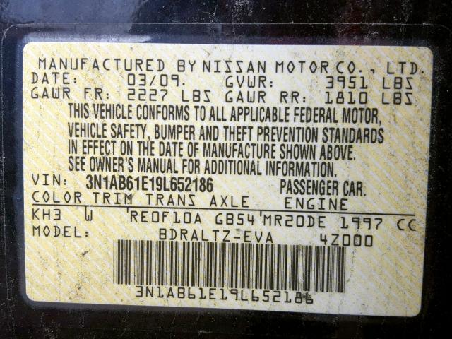 3N1AB61E19L652186 - 2009 NISSAN SENTRA 2.0 BLACK photo 10