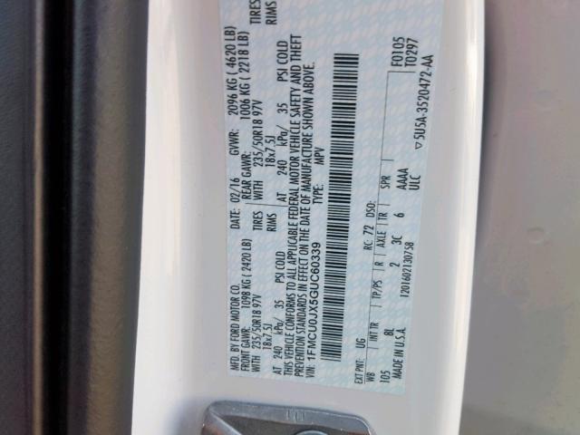 1FMCU0JX5GUC60339 - 2016 FORD ESCAPE TIT WHITE photo 10