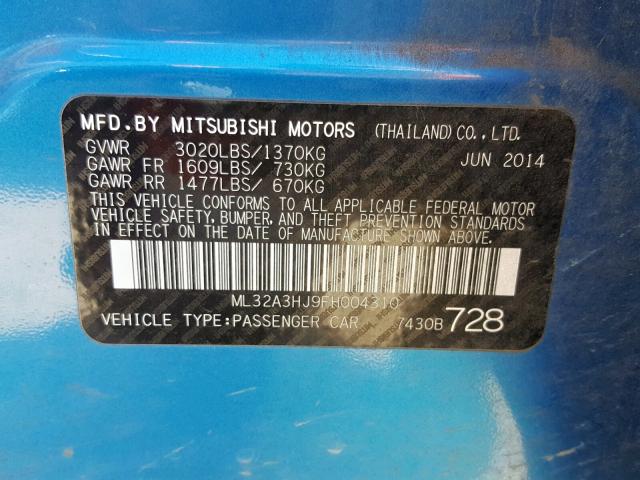 ML32A3HJ9FH004310 - 2015 MITSUBISHI MIRAGE DE BLUE photo 10