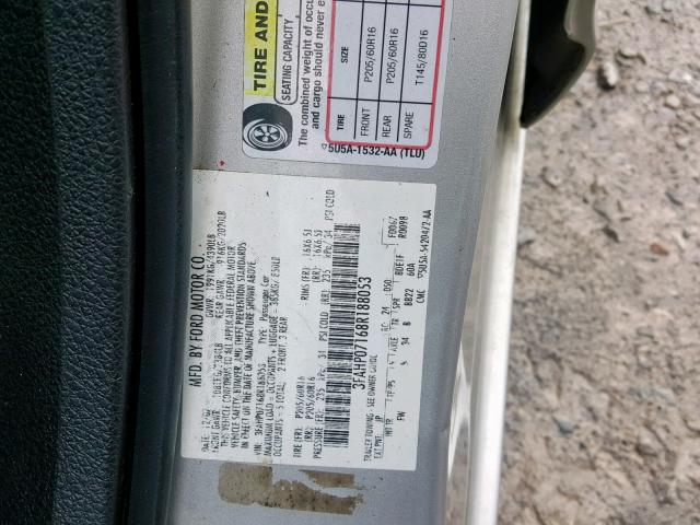 3FAHP07168R188053 - 2008 FORD FUSION SE SILVER photo 10