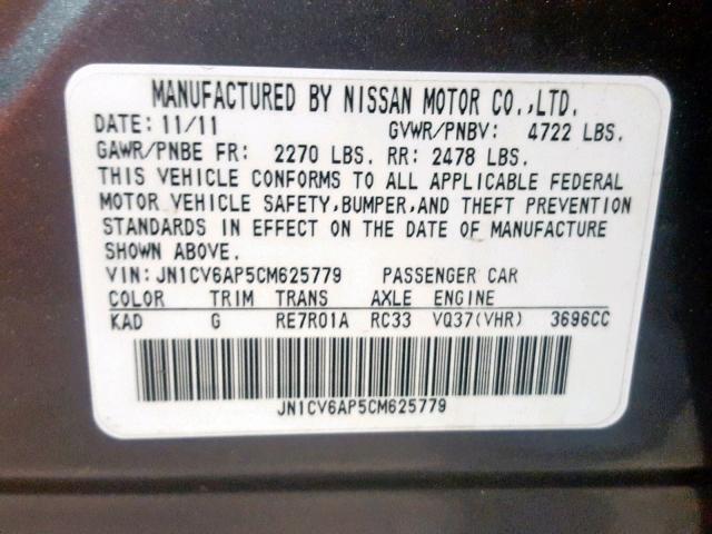 JN1CV6AP5CM625779 - 2012 INFINITI G37 BASE SILVER photo 10