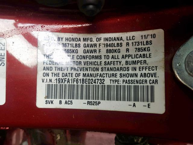 19XFA1F61BE024732 - 2011 HONDA CIVIC LX-S Bordo foto 10