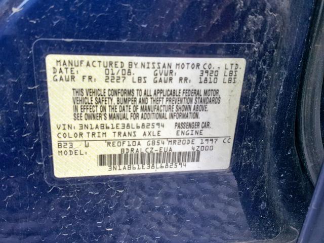 3N1AB61E38L682594 - 2008 NISSAN SENTRA 2.0 BLUE photo 10