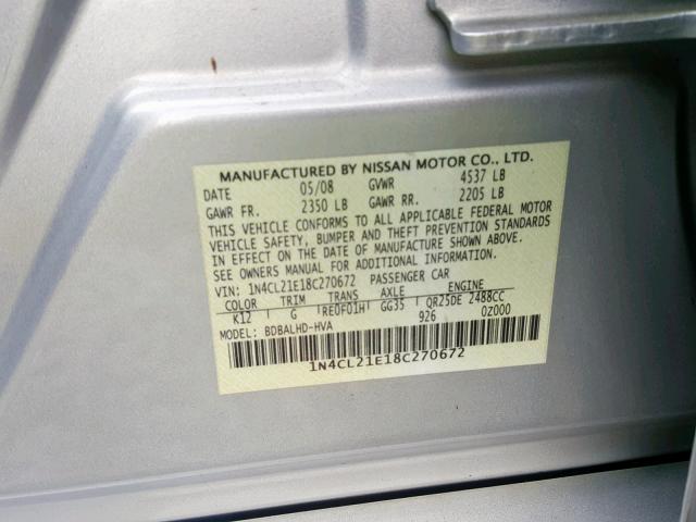 1N4CL21E18C270672 - 2008 NISSAN ALTIMA HYB SILVER photo 10