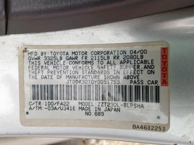 JTDDR32T0Y0051753 - 2000 TOYOTA CELICA GT SILVER photo 10