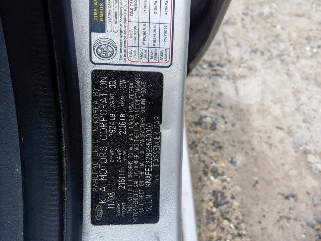 KNAFE222895640010 - 2009 KIA SPECTRA EX SILVER photo 10