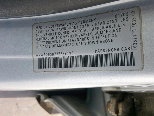 WVWPD63B73P338199 - 2003 VOLKSWAGEN PASSAT GLS SILVER photo 10