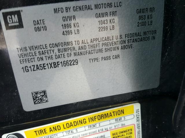 1G1ZA5E1XBF166229 - 2011 CHEVROLET MALIBU LS 黑色 照片 10